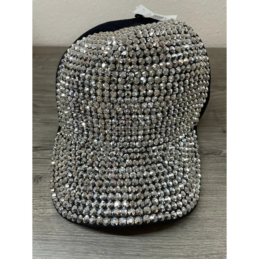 Bling Rhinestone Bedazzled Baseball Cap Silver Studded Adjustable Black Hat NEW
